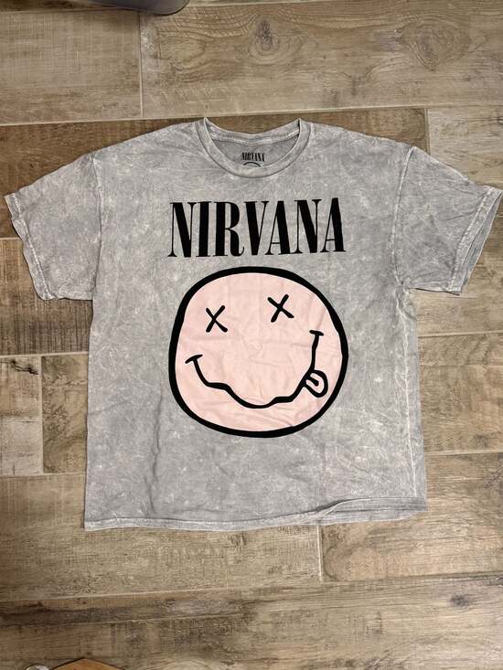 Nirvana Tops - Nirvana Smiley Face Graphic T-Shirt Gray Acid Wash with Pink Smiley